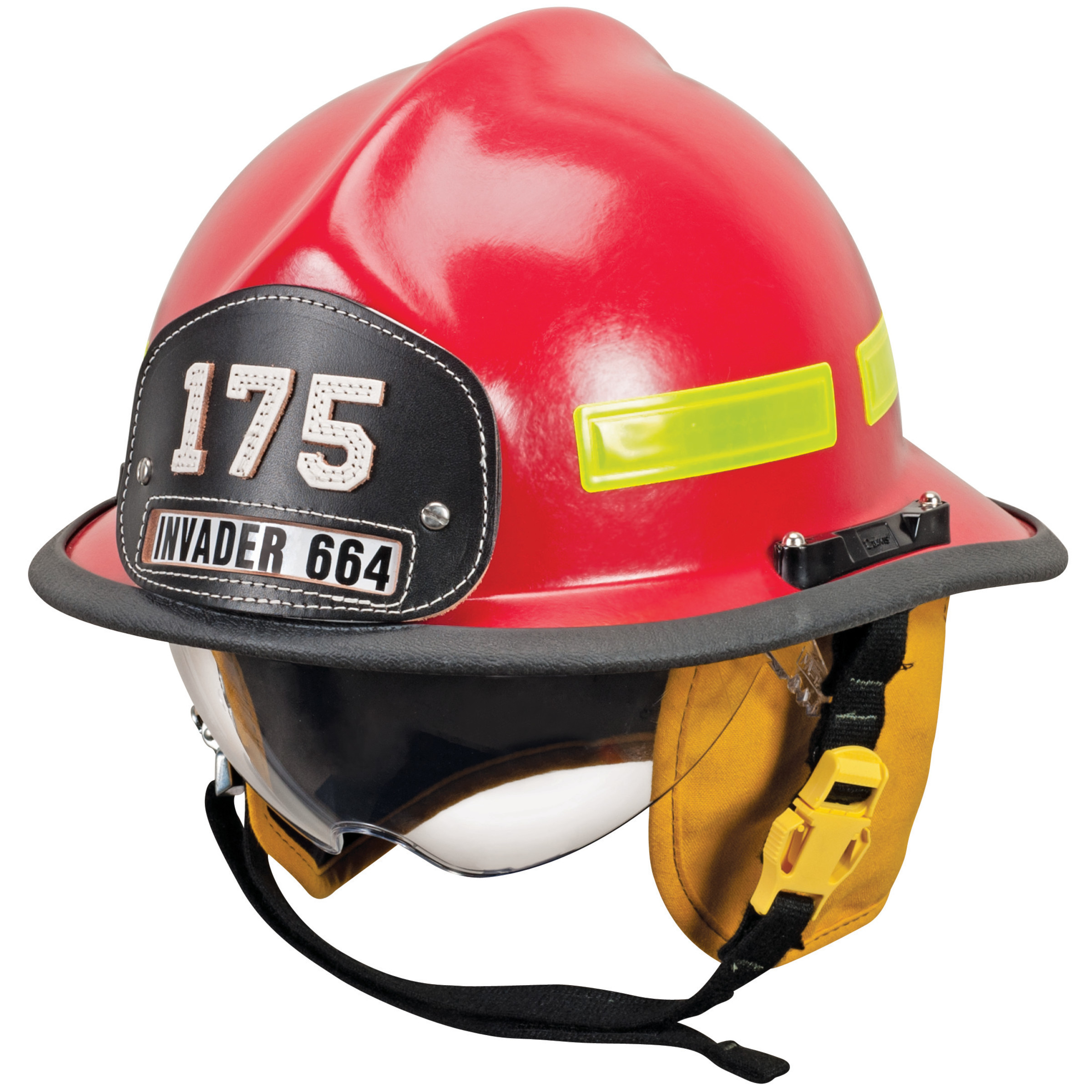 Cairns 664, Red, 4“ Standard Faceshield, Standard Flannel Liner, Nomex Earlap, Nomex Chinstrap w/ Quick Release & Postman Slide, Lime/Yellow Reflexite, Bar